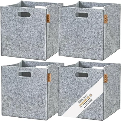 Image of MIQIO® Design Storage Box Made of Felt Fabric, Set 4 Baskets, Folding Box, 30 x cm, Organiser Boxes Suitable for Kallax Shelf, Light Grey