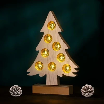 Image of Wooden Christmas Tree Light Up Ornament Festive Rustic Standing Merry Sign Xmas Decoration Hand Painted Lights Battery Operated Lighting (Wooden Tree)