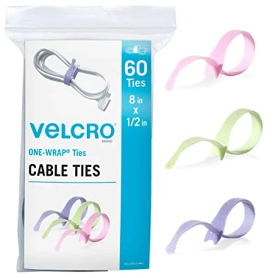 Image of Velcro Brand Pastel Cable Ties Heavy Duty Reusable60Pc Bright Colors Bulk Pack8 x 1/2&quot; ONE WRAP Straps Wire Management Perfect for Crafts or Office Supply Bundling Home, Classroom Worksite