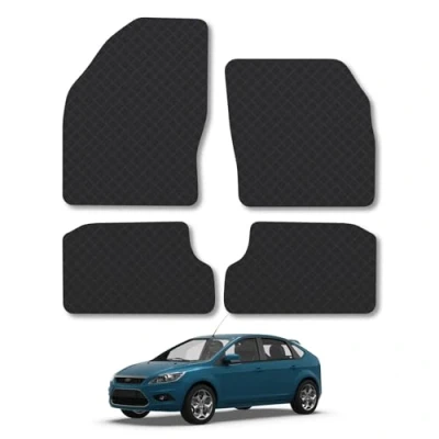 Image of Rubber Car Mats Compatible with Ford Focus (2005 2011) [Mk2] Tailored Fit Floor Set Accessory Black Custom 4 Pieces Clips Anti Slip Backing, Heavy Duty &amp; Waterproof