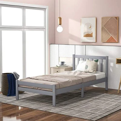 Image of Merax Grey Solid Wooden Bed Frame Single 3ft Bedroom Furniture for Adults, Kids, Teenagers 90 x 190 cm