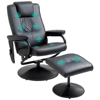 Image of HOMCOM Swivel Recliner Chair and Footstool, Faux Leather Massage Armchair with Remote Control Round Wrapped Base, Black