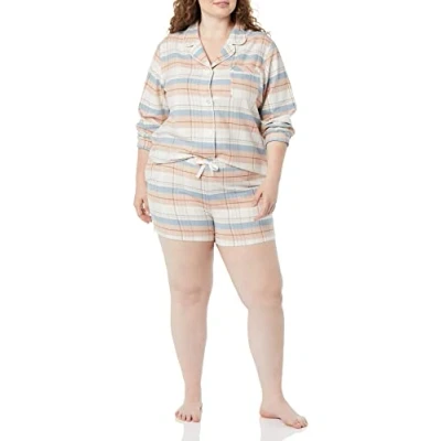 Image of Amazon Essentials Women&#039;s Lightweight Woven Flannel Pyjama Set with Shorts Discontinued Colours, Beige Mix Plaid, XS