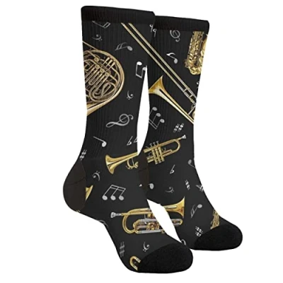 Image of XVBCDFG Trombone Music Note Black Socks Men Women Funny Crazy Novelty Crew Tube Socks, Casual Athletic Sport Dress