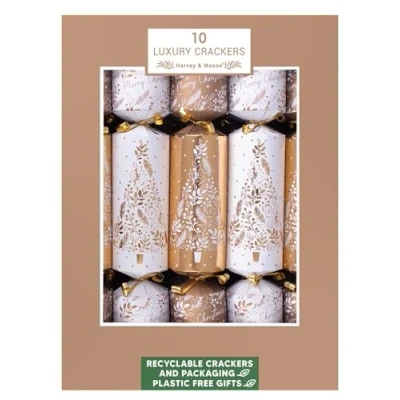 Image of Harvey &amp; Mason Box 10 Luxury Christmas Crackers Gold White Xmas Tree Plastic Free Decoration