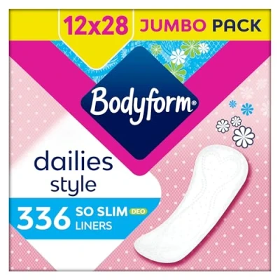 Image of Bodyform Dailies So Slim Panty Liners, 336 (12 x 28 Packs) Lightly Scented, Breathable, Flexible, Individually Wrapped Liners