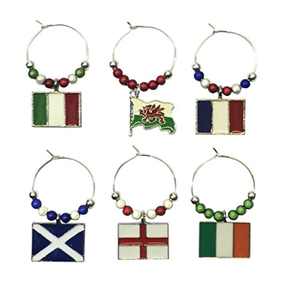 Image of Libby&#039;s Market Place Set of 6 Rugby Six Nations Wine Glass Charms (Velvet Gift Bag)