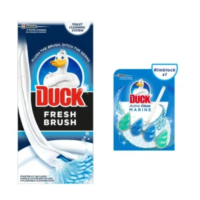 Image of Toilet Duck Fresh Brush with Holder Bowl Cleaner Starter Kit Active Clean Rim Block