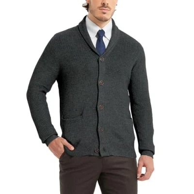 Image of Kallspin Men&#039;s Wool Blended Shawl Collar Button Cardigan Sweater with Pockets (Charcoal, XL)