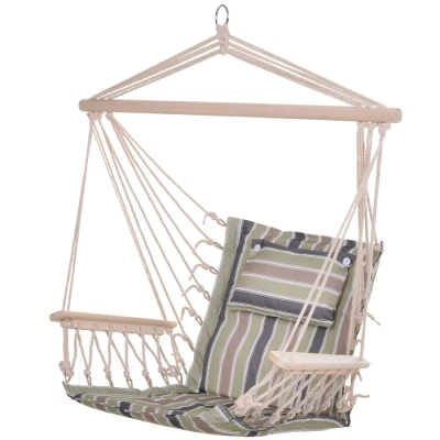 Image of Outsunny Garden Outdoor Hanging Hammock Chair Thick Rope Frame Wooden Arms Safe Wide Seat Spot Stylish Multicoloured stripes