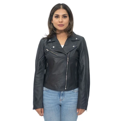 Image of Ladies Leather Jacket Classic Biker Style Blue Real Womens 2XL