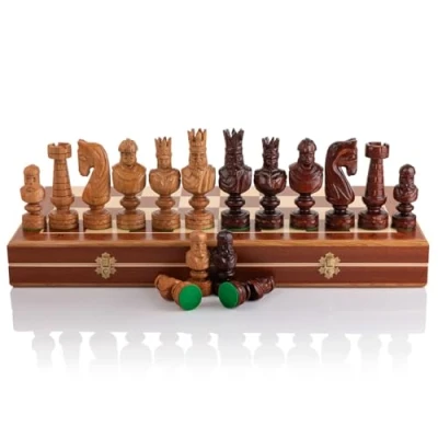 Image of Luxury CAESAR Extraordinary Wooden Chess Set Hand Carved Cherry Wood Pieces and Extra Large Mahogany Sycamore Inlaid Board 60 x cm for Adults Kids (60 INLAID)