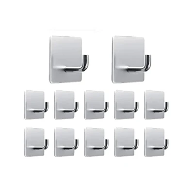 Image of IZRA Self Adhesive Hooks 12 Pack Stainless Steel Towel Hooks，Coat Hooks，Sticky Wall Hooks,Waterproof and Rustproof，Silver