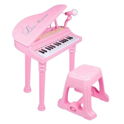 Image of Kids Electronic Grand Piano Musical Instrument Keyboard Organ Toy Microphone &amp; Stool (Pink)