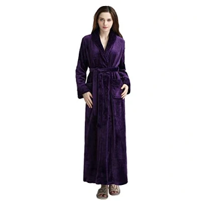 Image of KINOW Womens Fleece Dressing Gown Strap Bathrobe Full Length Bathroom Robe Purple L