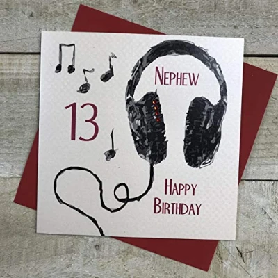 Image of white cotton cards Handmade Nephew 13 Happy Headphones 13th Birthday Card, White, SB54 N13