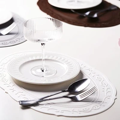 Image of Large and Thick Placemat Set of 2 Oval Silicone Embossed Dinner Table Dish Mats Heat Resistant (White)