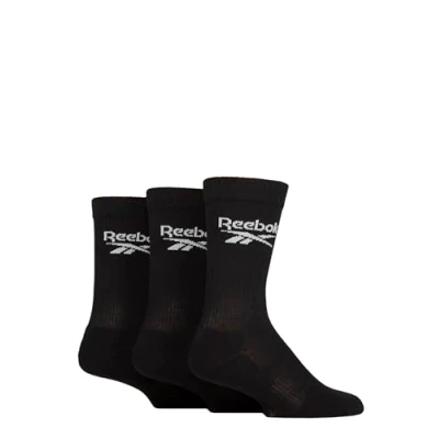 Image of Mens and Women&#039;s 3 Pair Reebok Core Ribbed Cotton Crew Socks Black 11 12.5 UK
