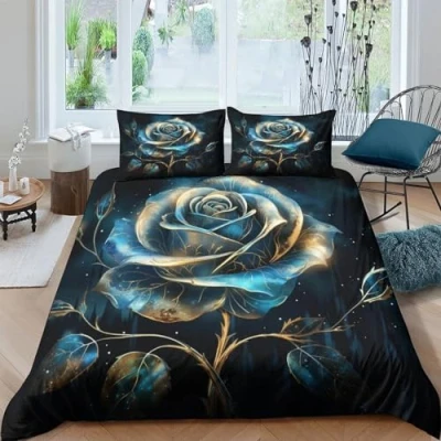 Image of Blue Rose Duvet Cover Set 3D Bedding Sets Microfibre Quilt with Zipper Closure 3 Piece Comforter Double（200x200cm）
