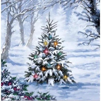 Image of Noel Tatt Charity Christmas Cards Pack of 10 with Snowy Decorated Tree Design Eco Friendly Xmas Multipack Envelopes