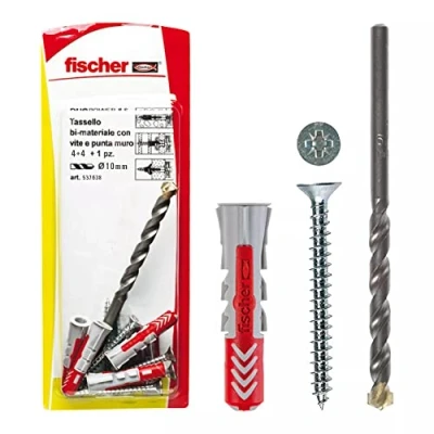 Image of Fischer 537638 Dowel with Screw and 1 Duopower Drill Bit, Grey/Red, 10 x 50 mm, Set of 4 Pieces