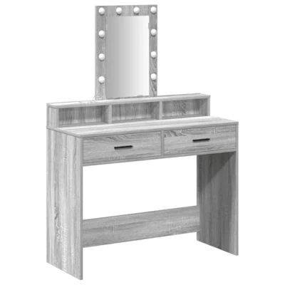 Image of vidaXL Grey Sonoma Vanity Table with Large Drawers Modern Engineered Wood Dressing Hollywood Lights