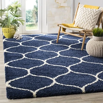 Image of Safavieh Shaggy Rug for Living Room, Dining Bedroom Hudson Shag Collection, High Pile, in Navy and Ivory, 122 X 183 cm