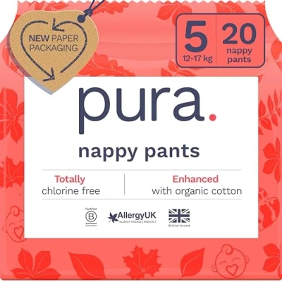 Image of Pura Eco Nappy Pants Size 5 (12 17kg), 20 Nappies, Pull Up Disposable Baby Nappies for Sensitive &amp; Allergy Prone Skin, Hypoallergenic, Fragrance Free, Easy Tear Side, New Guide