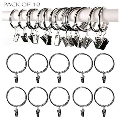 Image of Pack Of 10 Metal Curtain Rings With clips Pole Rod Voile Net Drapery Hanging Hooks (Silver)