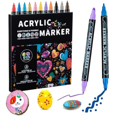 Image of Mzh Art 12 Colors Dual Tip Acrylic Paint Pens Markers, Double Premium Markers for Wood, Rock Painting, Glass, Canvas, Stone, DIY Crafts Making Supplies