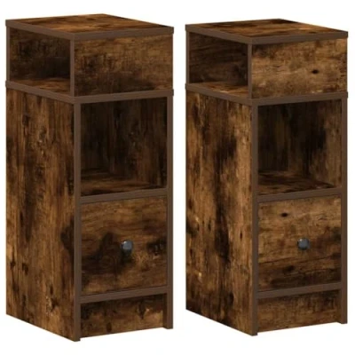 Image of vidaXL Bedside Cabinets Set of 2 Smoked Oak Nightstands With Drawer Engineered Wood Modern Bedroom Tables 25x31x66 cm
