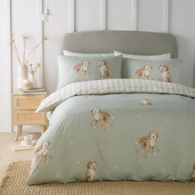 Image of Fusion Hattie The Cockapoo Duvet Cover Single Bedding Size (140 x 200cm) Reversible Designs (Gingham) 1 Pillowcase Green with Dogs Checkered/Plaid in Natural