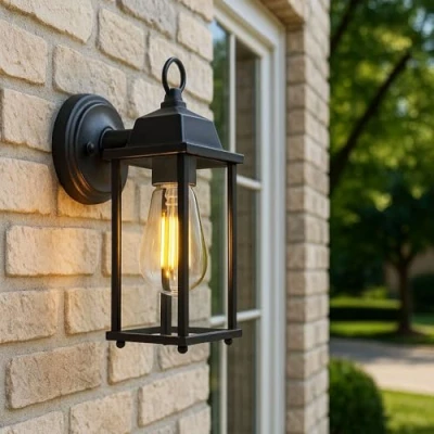 Image of Outdoor Down Box Glass Wall Porch Lantern Light, E27, IP23, Black for Garden, Patio, Balcony, Shed, Entrance, Pathway, Doorway &amp; Exterior Areas