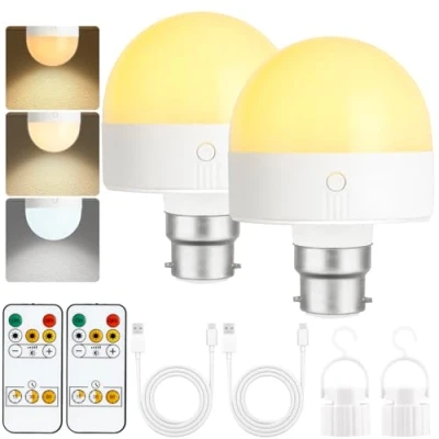 Image of Psatfito Rechargeable Light Bulb with Timer and Remote, Dimmable Battery Bulbs Magnetic Base, B22 Detachable Charging LED Bulb, Non Hardwired Lamps 3 Color Temperatures, 2 Packs