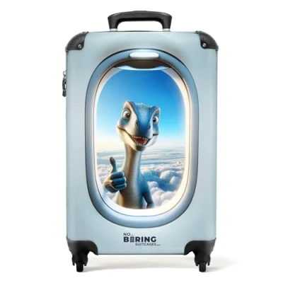 Image of NoBoringSuitcases.com® Children&#039;s Luggage Kids Suitcase for Boys Hand Cabin on Wheels Hard Shell Trolley 55x40x20 cm Blue Dinosaur Thumbs Up in Window 20&quot; 10kg