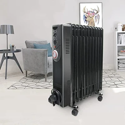 Image of NRG 2.5KW Oil Filled Radiator 11 Fins Portable Electric Heater Built in Timer Adjustable Thermostat Safety Cut Off Black