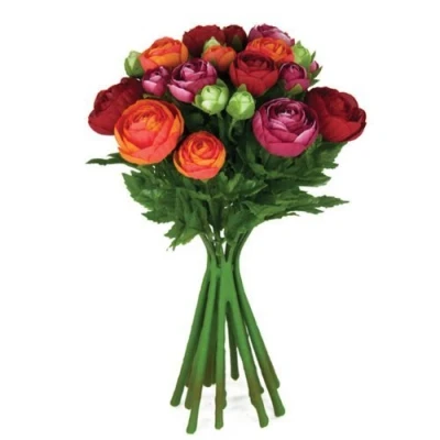 Image of FloristryWarehouse Artificial silk flowers Ranunculus arrangement Red Orange Cerise Pink 15 stems 33cm