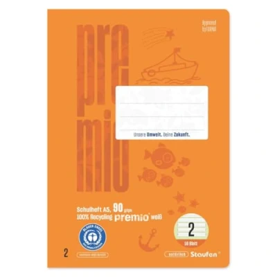 Image of Staufen premio Learning to Write Book 10 Notebooks 16 Sheets Each DIN A5, Line Style 2 (4/4/4 mm Lined, Coloured Lined Ruling), 90 g/m² Recycled Paper, Round Corners Prevent Donkey Ears