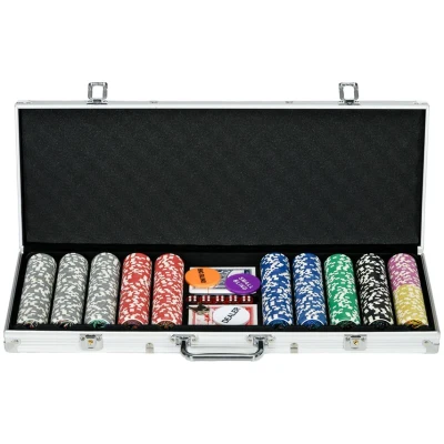 Image of SPORTNOW 500 Piece Poker Chips Set with Aluminium Case, Casino Texas Holdem Mat, 11.5g Numbered Chips, Two Decks of Cards, Dealer, Five Dices