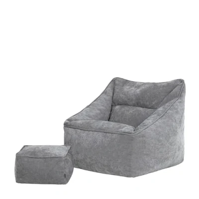 Image of icon Natalia Bean Bag Chair &amp; Footstool, Grey, Chenille Floor Chair, Large Bag, Armchair, Adult with Filling Included, Lounge Accent Home Décor, Living Room Furniture