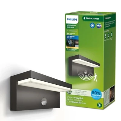 Image of PHILIPS Lighting Bustan UltraEfficient Outdoor Wall Light, 3.8W, 2700K Warm White Antracite, Motion Sensor, IP44 Weatherproof