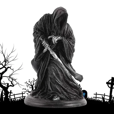 Image of Lambo Statue Resin, Black Tunic Robe Of Holy Death Santa Muerte Gothic Holding Scythe Standing Figurine For Haunted House, Halloween Table Decor Home
