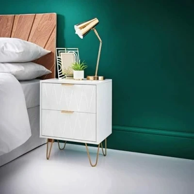 Image of Fizporium Embossed Loft Studio 2 Drawer Bedside Table With Gold Legs Side Bedroom Furniture White