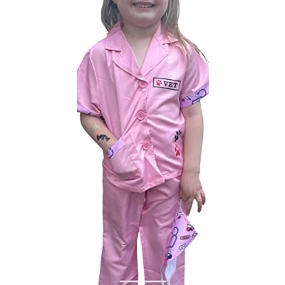 Image of Quickdraw Kids Veterinary Outfit Pink Scrubs &amp; Mask Vet Costume Fancy Dress Girls Ages 3 7 (3 5 Years) (QDSARC220)