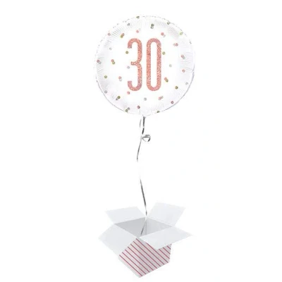 Image of Rose Gold Glitz Age Holographic Round Foil Helium Balloon Inflated in a Box (Age 30, Birthday)
