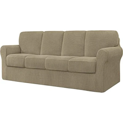 Image of CHUN YI 9 Pieces Stretch Sofa Cover 4 Seater with Four Separate Cushions and Backrests Stylish Jacquard Spandex Fabric Slipcover for Living Room Furniture Protector(4 Seater，Sand