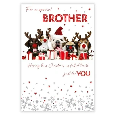 Image of Nigel Quiney Brother Christmas Card Special Puppies Festive Dog Design Finish and Illustrated Insert Leaf Made in the UK Eco Friendly