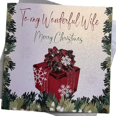 Image of White Cotton Cards Wonderful Wife Happy Handmade Large Christmas Card (Present, Code XCB2)