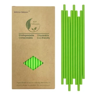Image of Solid Green Paper Drinking Straws, Disposable, Recyclable, Plastic Free, 100% Biodegradable Forest Straws for Cocktails, Juices, Coffee, 7.75 inch (Pack of 100)