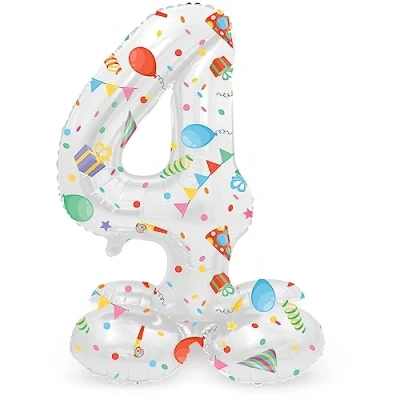 Image of Folat 63964 Standing 4 Joyful Party White with Gifts 72 cm Birthday Decoration, Balloon Number, No Helium Required, Multicoloured, Standard Size
